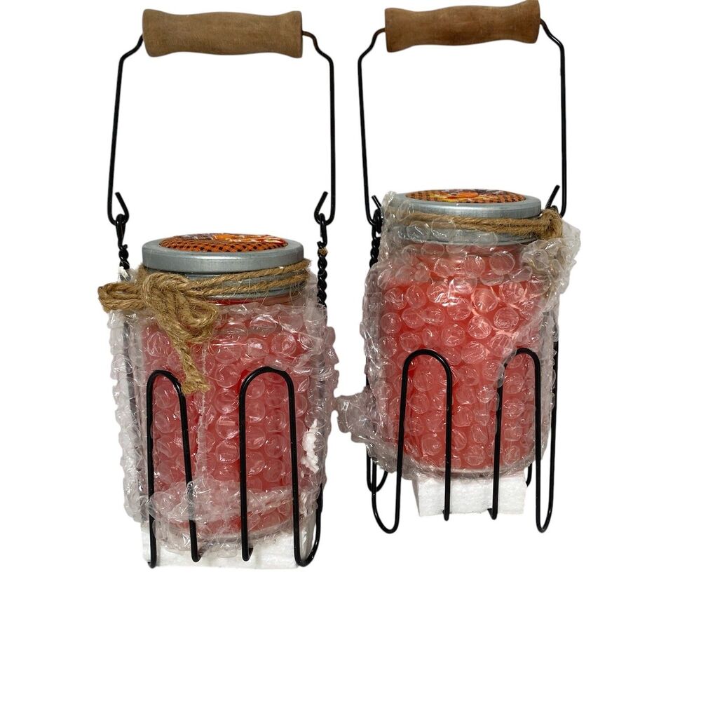 2 Harvest Candles In Jars Gingham Caddy Wood/Wire Rustic Country New In Box